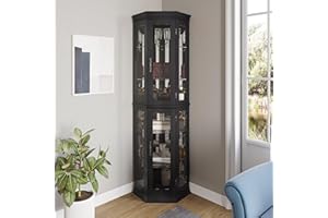 BELLEZE Lighted 3-Side Glass Display Curio Cabinet w/Tempered Glass Doors & Shelves, Accent Wooden Corner Cabinet with Bulb, Corner Storage Decoration Rack for Living Room & Bed-Room Corona (Black)
