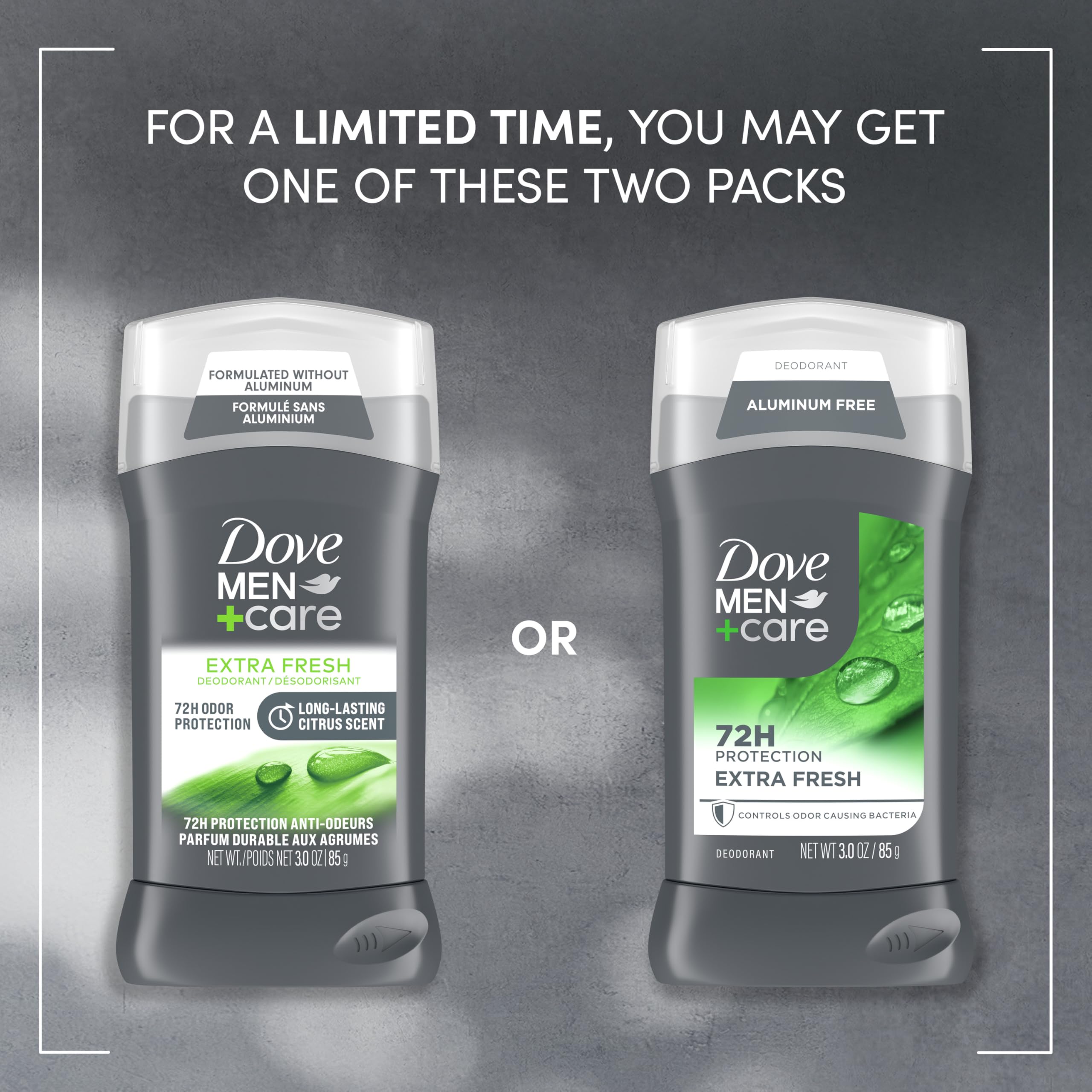 Dove Men+Care Deodorant Stick for Men 4 Count Extra Fresh Aluminum Free 72-Hour Odor Protection Mens Deodorant with 1/4 Moisturizing Cream 3 oz