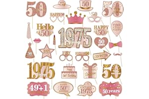 Kuxriox 30Pcs 50th Birthday Photo Booth Props for Women, Pink Rose Gold Vintage 1975 50 Birthday Selfie Props Kit with Sticks Party Supplies Favors, Happy Fifty Bday Photo Props Decor
