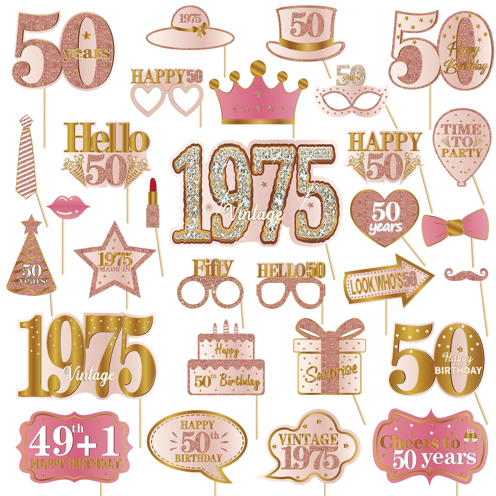 Photo 1 of Kuxriox 30Pcs 50th Birthday Photo Booth Props for Women, Pink Rose Gold Vintage 1975 50 Birthday Selfie Props Kit with Sticks Party Supplies Favors, Happy Fifty Bday Photo Props Decor