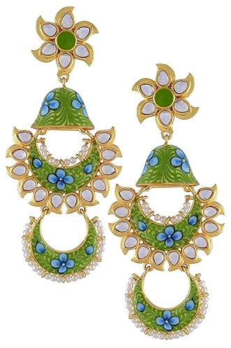 Amrapali Malya Gold Plated Green Blue Floral Jhumki Glass Earrings for Women (BM(EER)17-56)