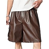 OYOANGLE Men's PU Leather Flap Pocket Cargo Shorts Loose Fit Elastic Waist Wide Leg Shorts Streetwear Brown X-Large