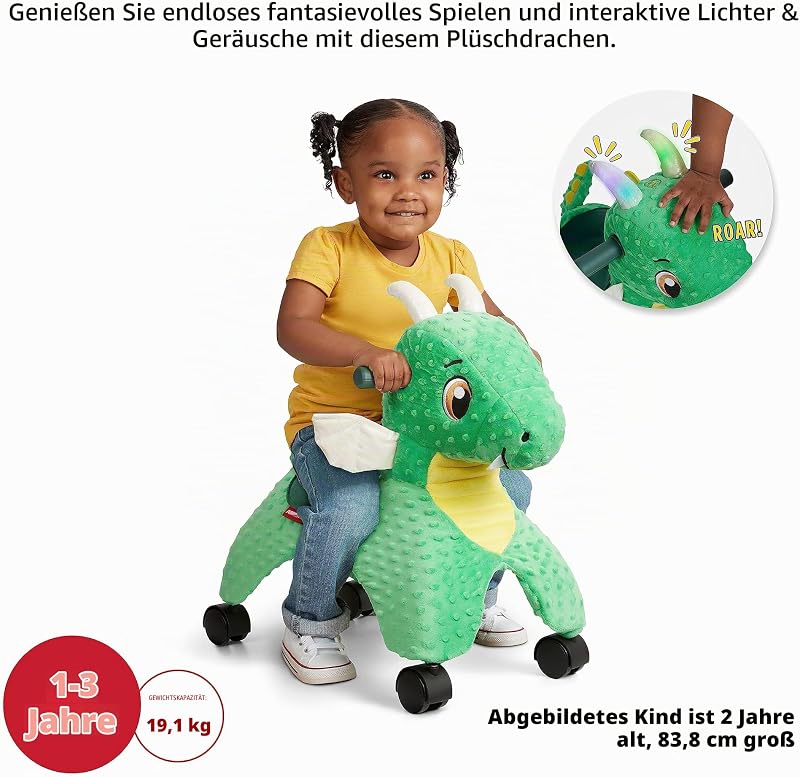 Jade, der magische Drache zum Berühren mit interaktiven Lichtern und Geräuschen, grünes Rutschfahrzeug, für Kinder von 1 bis 3 Jahren