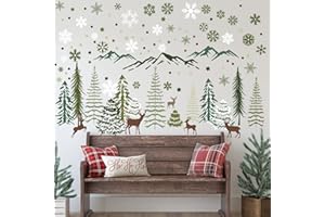 Teling 8 Pieces Winter Snowflake Wall Decals Stickers Dreamy Nursery Forest Woodland Trees Deer Pine Tree Wall Decals for Kids Room Winter Decor(Green, Brown)