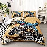 AILONEN Cartoon Monster Trucks Comforter Set Twin Size, Roaring Dinosaurs Bedding Set for Kids Boys,Extreme Sports Trucks Bed in a Bag,3 Pieces,1 Quilt and 2 Pillowcases