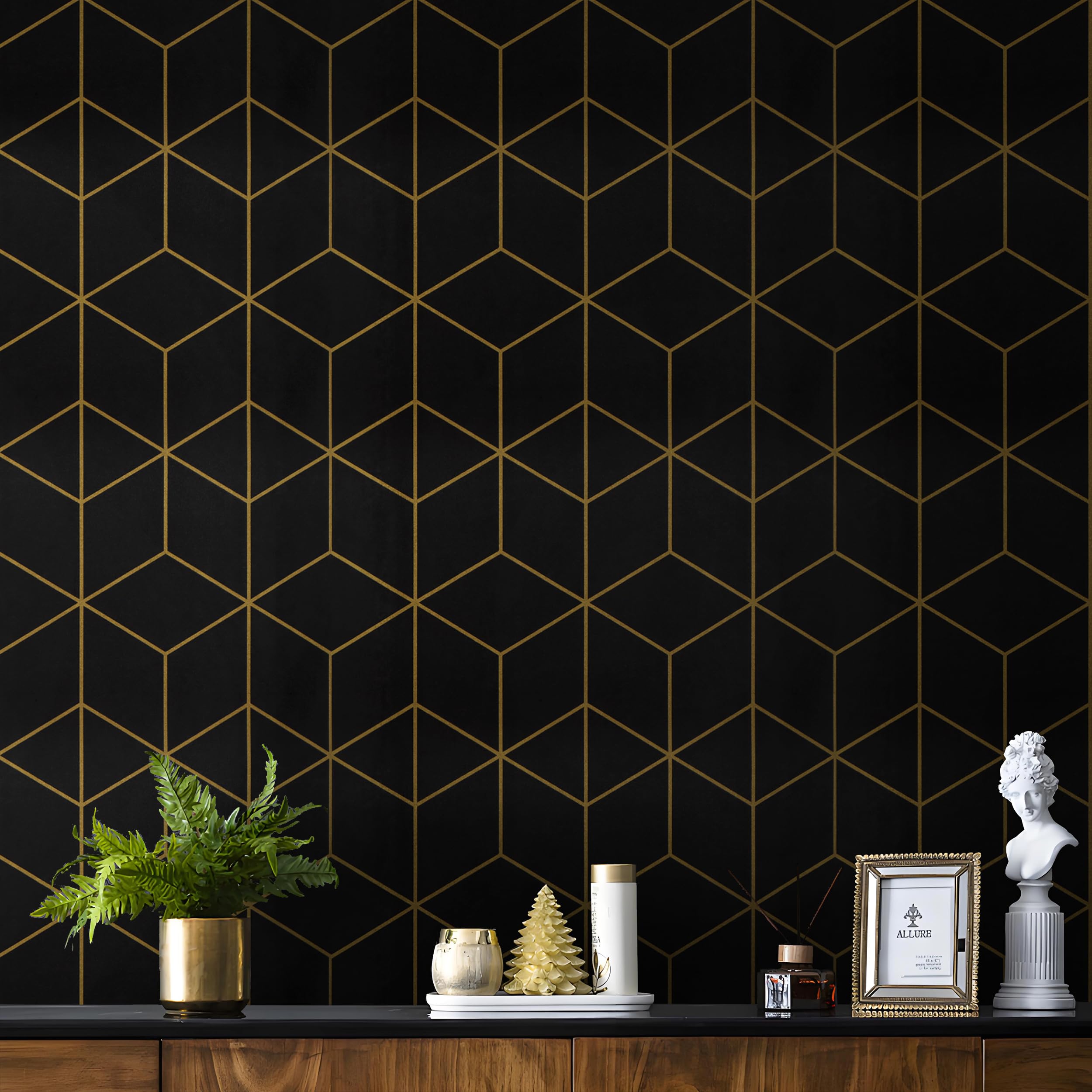 Photo 1 of Safiyya 118" x 17.3" Gold and Black Wallpaper Geometric Contact Paper Peel and Stick Wallpaper Removable Self Adhesive Contact Paper for Cabinets and Walls Vinyl Rolls