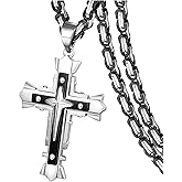 JUNOVUROS Stainless Steel Jesus Christ Cross Pendant Necklace for Men, 20 to 28 In Rolo/Byzantine Chain, 2 Sizes of Religious Jewelry with Silver/Gold/Black