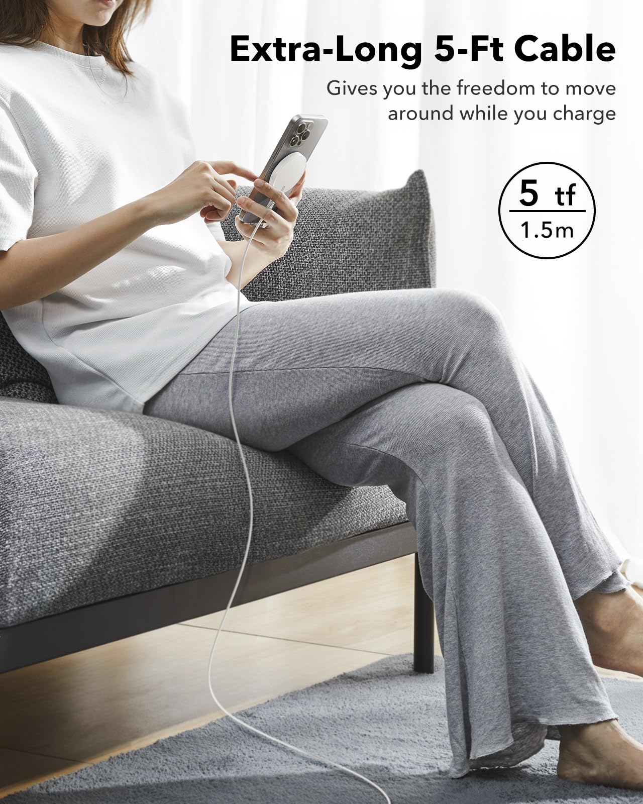 ESR für Magsafe Ladegerät, Wireless Charger für iPhone 17/17e/16/15/14/13/12 Series, AirPods 4/3/2 Pro, Samsung S26 Series, Induktive Ladestation mit 1,5m Verstärktem Nylonkabel, Weiß(Ohne Netzteil) 4