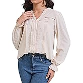 LAPHEE ROSE Boho Tunic Top for Women Long Sleeve V Neck, Button Down Blouse Swiss Dot Lace Dressy Casual Holiday Shirt