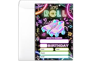 Wybgno Roller Skating Birthday Party Invitation 20 Glow Roller Skating Theme Party Neon Party Birthday Invitation With Envelopes for Boys Girls Party Invite Cards -4×6 inch-B016