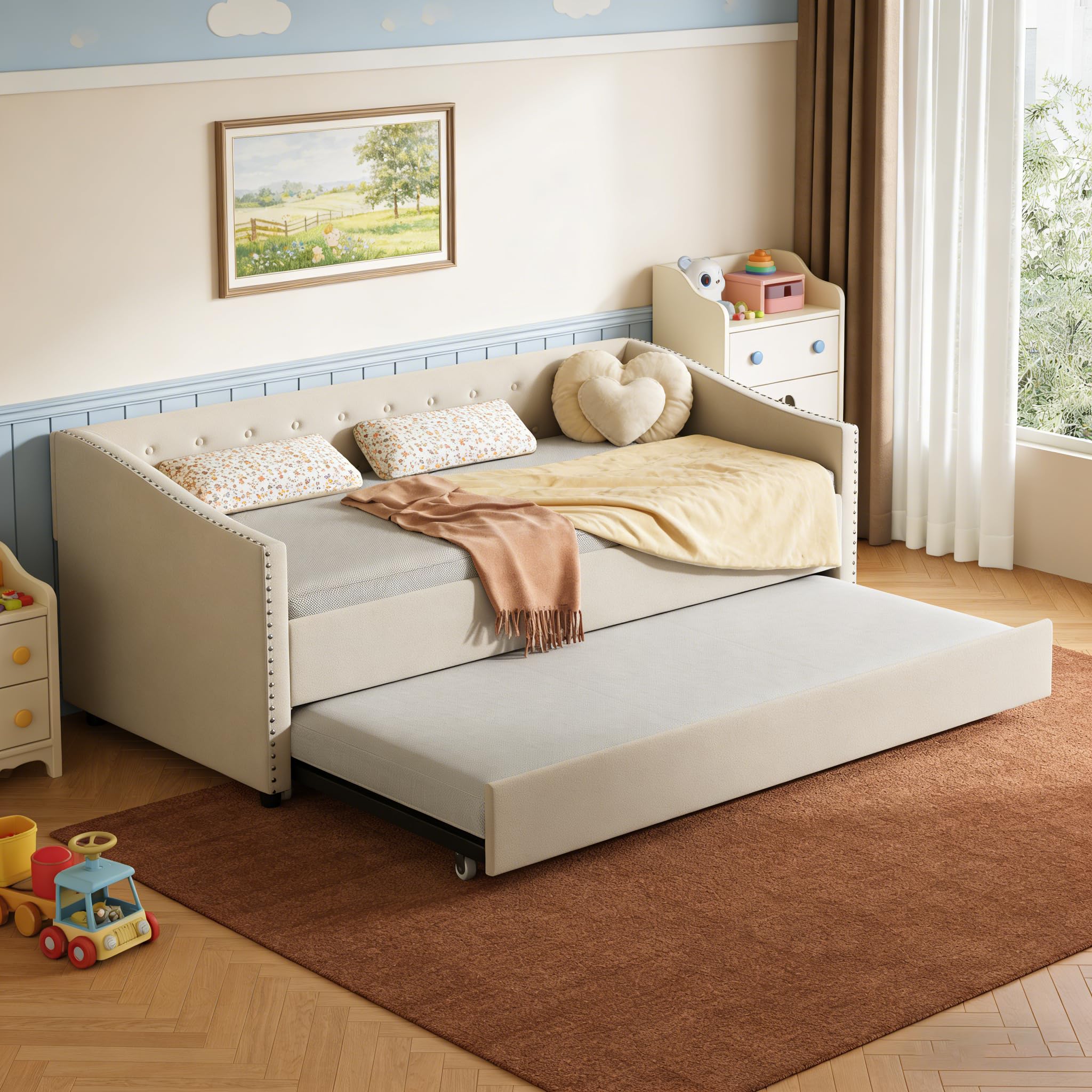 Photo 1 of **SELLING FOR PARTS AS PARTIAL SET. ONE BOX OF TWO**FAVSH Upholstered Daybed with Trundle, Twin Size Day Bed w/Button-Tufted Back and Piping on Waved-Shape Arms for Bedroom or Guest Room, No Box Spring Required,Beige