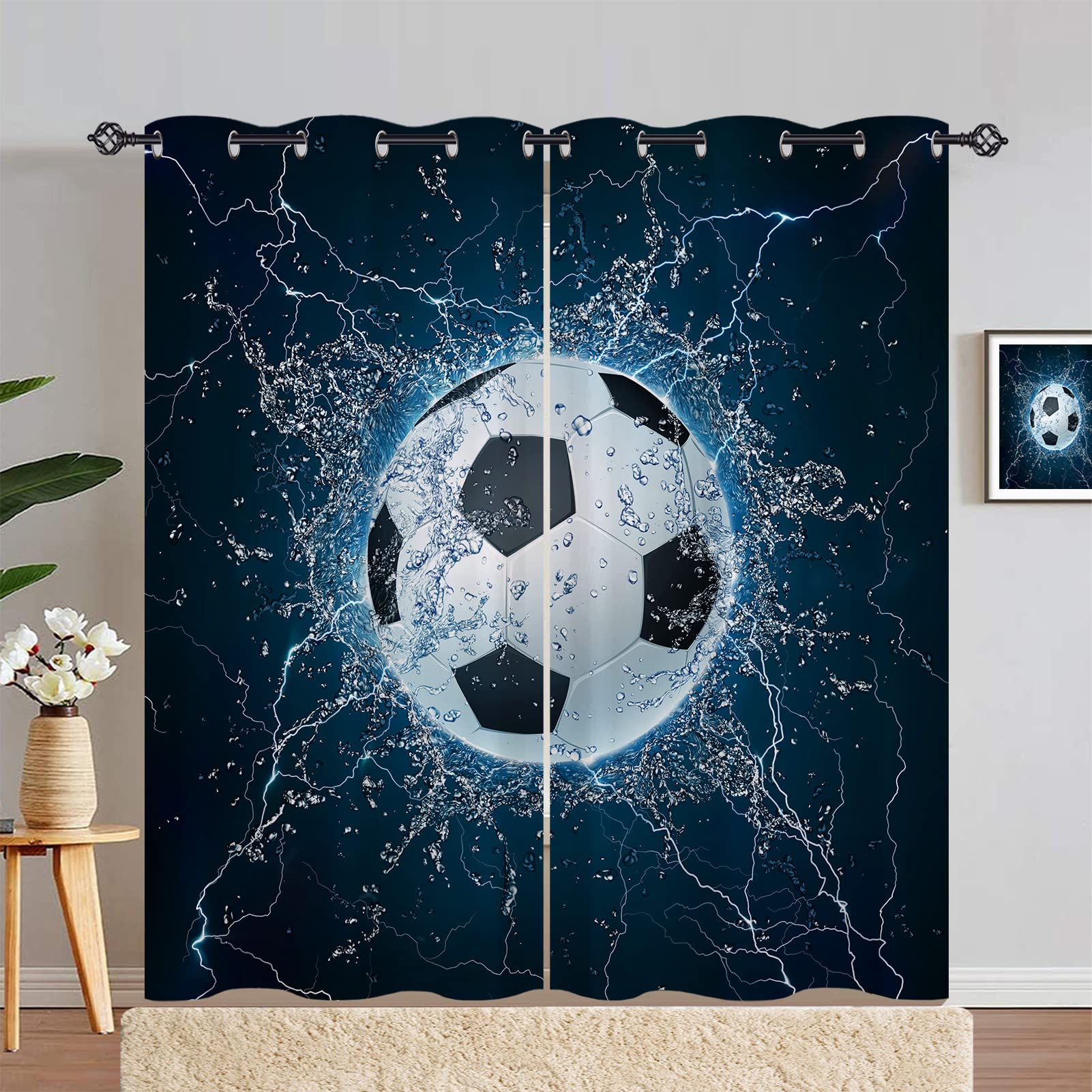 ANHOPE Football Curtains Eyelet 80% Blackout Curtains with Sports Theme Ball Soccer Print Pattern Thermal Soundproof Window Drapes for Kids Boys Girls Teens Bedroom Living Room 46 x 72 Inch 2 Panels