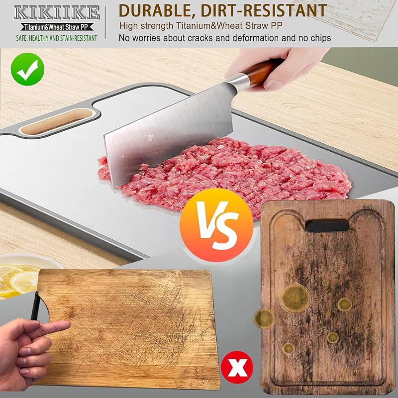 Tabla de cortar de titanio de doble cara para cocina, titanio puro y paja de trigo, tabla de cortar de metal PP, antideslizante, duradera y fácil de limpiar (grande) — foto 2 de 6