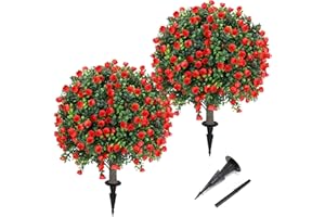 JASMPIG Artificial Red Rose Topiary Ball Tree 25" with Ground Spike, Set of 2 Artificial Boxwood Bushes for Faux Shrubs, Fake Evergreen Faux Plant for Indoor Outdoor Porch Garden -UV Resistant–Fade-Proof