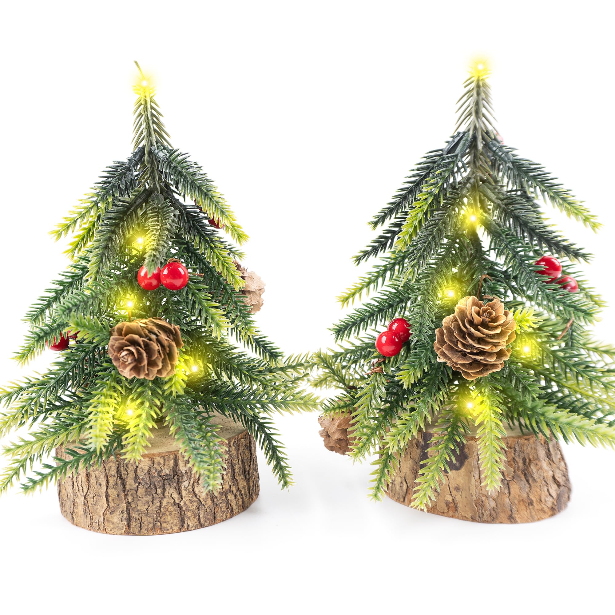 Photo 1 of 2 Pack Artificial Christmas Tabletop Mini Pine Trees, 6.5 in Tall Lighted Holiday Decorations with Wooden Base, Red Berries, Pine Cones for Home Table Windowsill Office Desk Desk Mantel