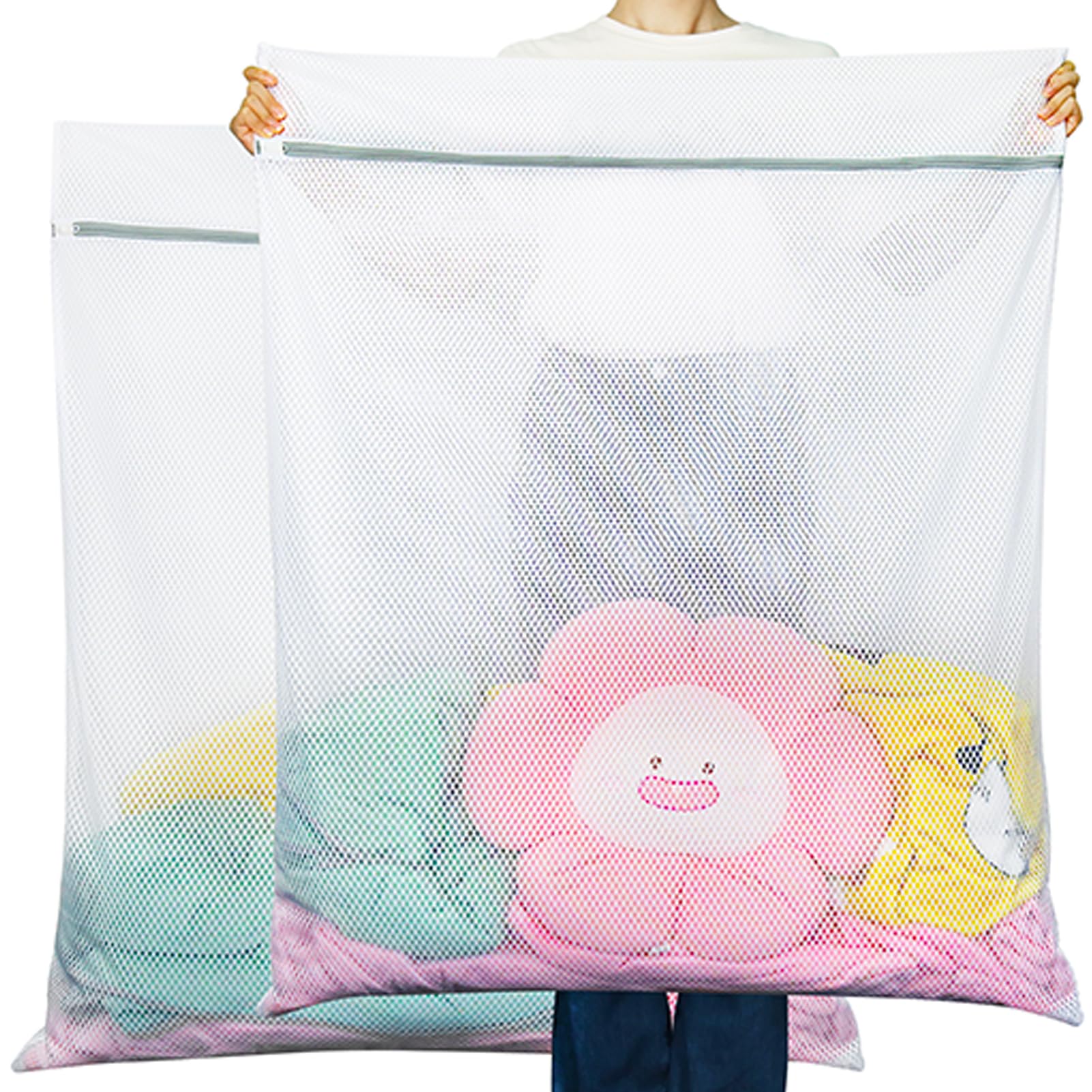 Vivifying Mesh Laundry Bag, 2 PCS Large Washing Machine Bag with Zip, 35 x 43 inch Coarse Net Washing Bag for Delicates,Clothes (White)