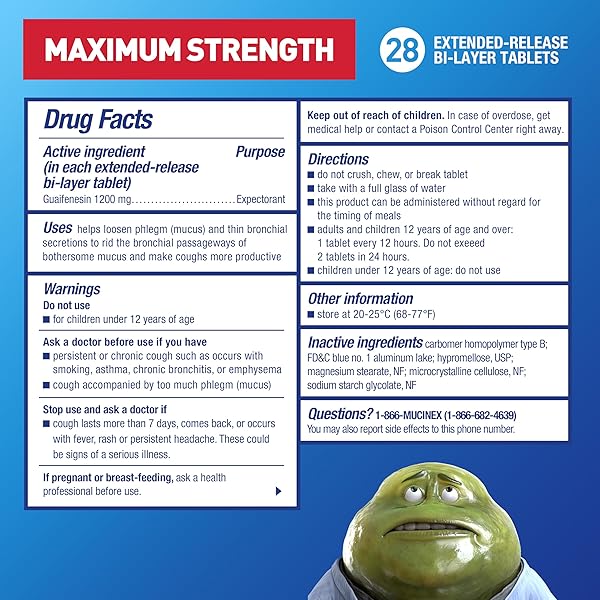MUCINEX 12 HOUR MAXIMUM STRENGTH 1200 MG GUAIFENESIN EXTENDED-RELEASE TABLETS FOR EXCESS MUCUS RELIEF, EXPECTORANT AIDS EXCESS MUCUS REMOVAL, CHEST CONGESTION RELIEF, 28 TABLETS