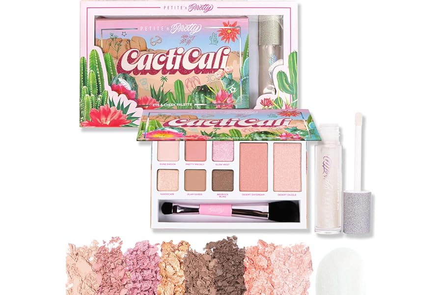 Petite N Pretty Beginner CactiCali Makeup Set for Kids, Teens, & Tweens – Natural Eyeshadow and Cheek Makeup Palette & 10k Shine Lip Gloss (Diamond Heist)