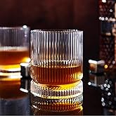 VUNDO Ribbed Whiskey Glasses Set of 4, 12 Oz Lead-Free Crystal Heavy Base Barware Glass, Perfect for Bourbon Rocks Cocktail Scotch Drinking