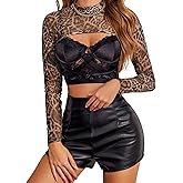 Avidlove Mesh Crop Tops for Women Mock Neck Long Sleeve Crop Top See Through Shirt Top Sexy Clubwear
