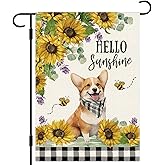 DLZDN Hello Sunshine Sunflower Garden Flag Corgi Dog Garden Flag 12×18 Inch Double Side Vertical Burlap Farmhouse Yard Flag Spring Summer Seasonal Outdoor House Decoration