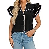 Tankaneo Womens Ruffle Short Sleeve Blouse V Neck Button Down Shirts Color Block Trendy Casual Tops