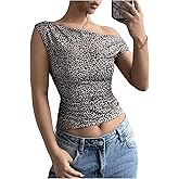 SOLY HUX Women's Leopard Print Tee Off Shoulder Sleeveless Ruched Crop Tops T Shirt