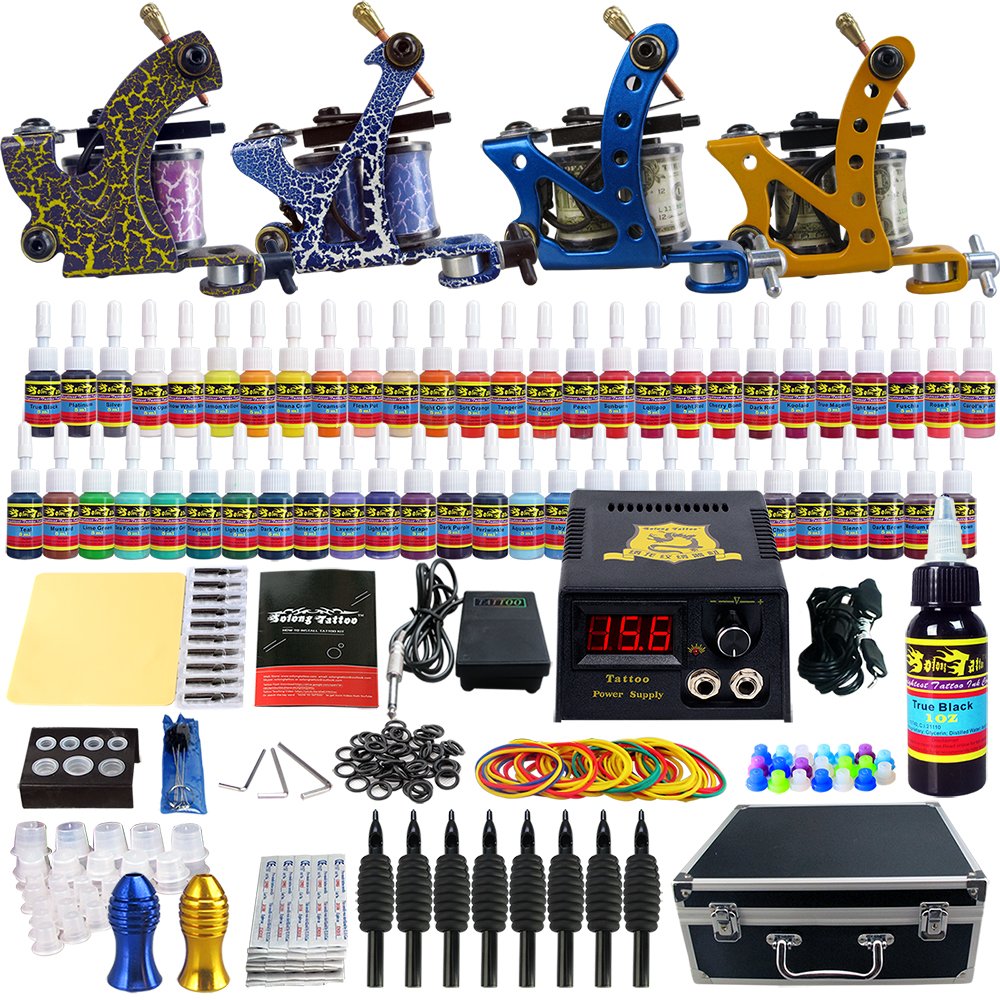 Solong Tattoo Complete Tattoo Kit 4 Pro Machine Guns 54 Inks Power Supply Foot Pedal Needles ...