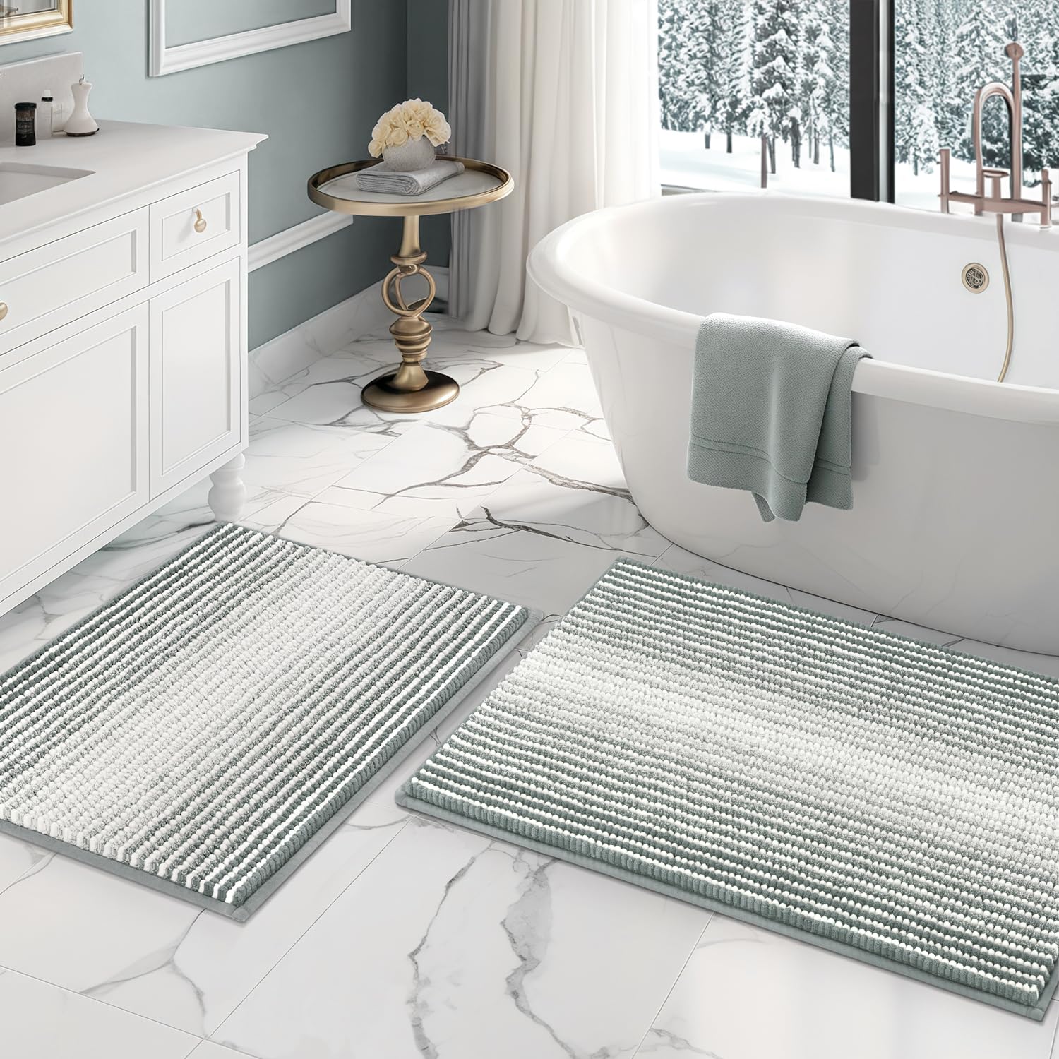 Photo 1 of BSICPRO Bathroom Rugs and Mats Sets, 2 Piece Thick Absorbent Chenille Bath Mat Rug Set Non Slip, Soft Shaggy Bath Room Floor Mats for Bathroom, Machine Washable (Light Gray, 20" x 32" Plus 16" x 24")