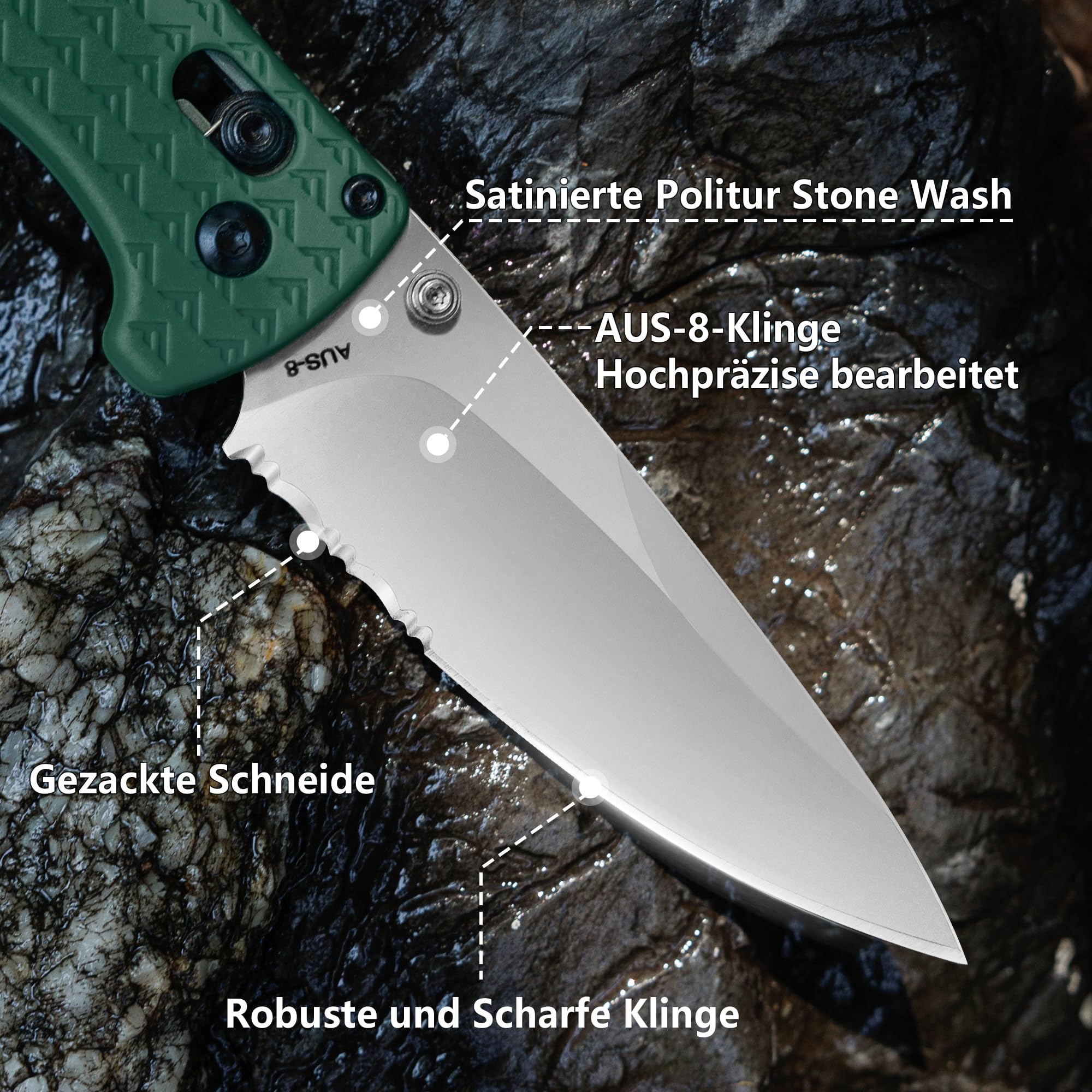 FLISSA Taschenmesser Klappmesser, AUS-8 Edelstahl, Scharfes Outdoor Messer mit Taschenclip, Klappbares Taschenmesser EDC Messer für Outdoor Jagd Camping, Grün 3