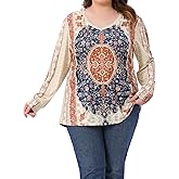 Agnes Orinda Plus Size Womens V Neck Long Sleeve Top Boho Paisley Print Pleated Blouse Tunic t Shirt Casual Dressy