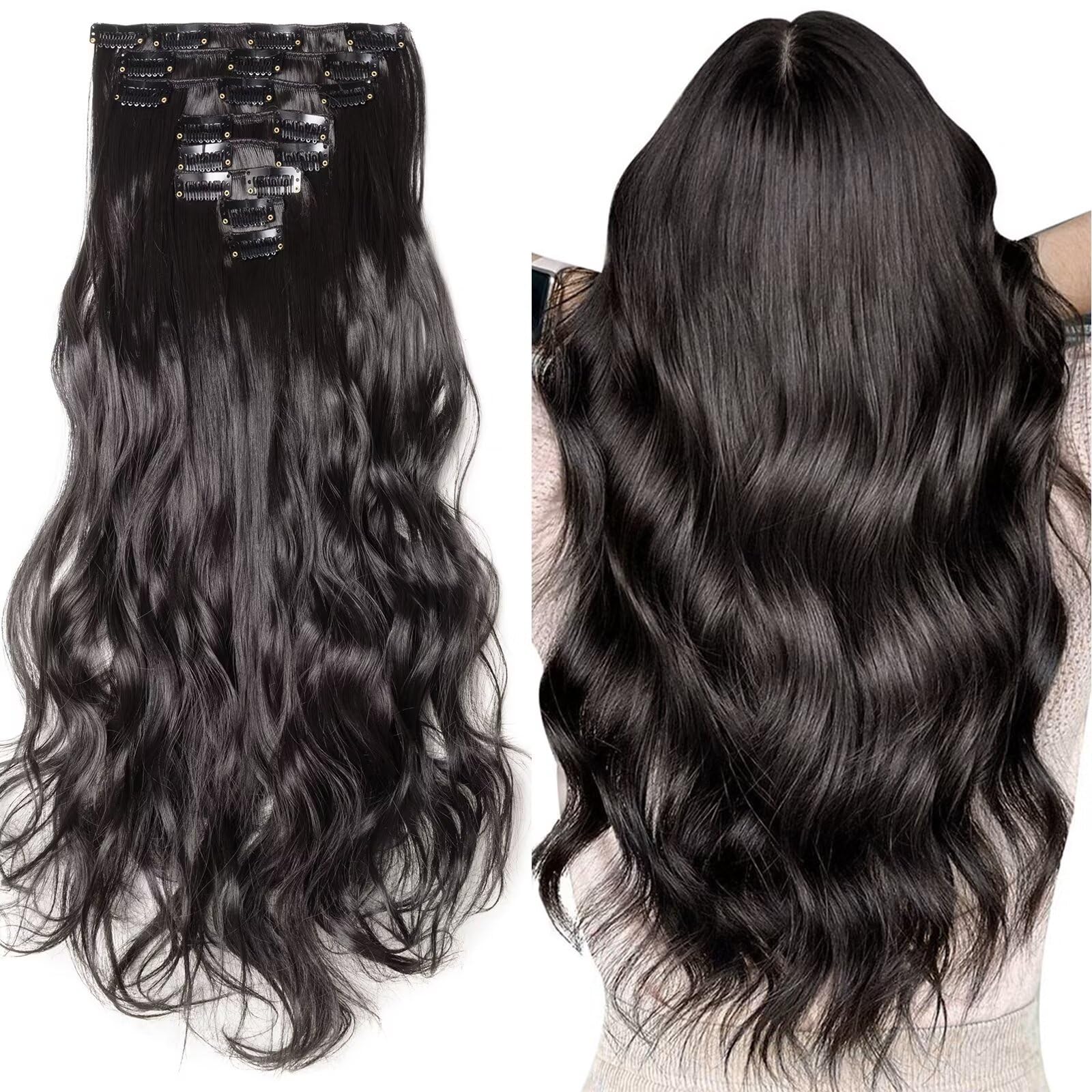 Silk-co Clip in Hair Extensions 17 inch Natural Black 100% Synthetic Hairpiece Extension 8pcs Long Curly Wavy Hair Pieces For Full Head — image 1