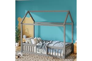 Merax Wooden House Bed, Floor Bed with Fence and Door,Full Guardrail Bed, Twin Size Bed, Grey