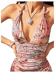 BEAUDRM Women's Floral Print Sleeveless Halter Deep