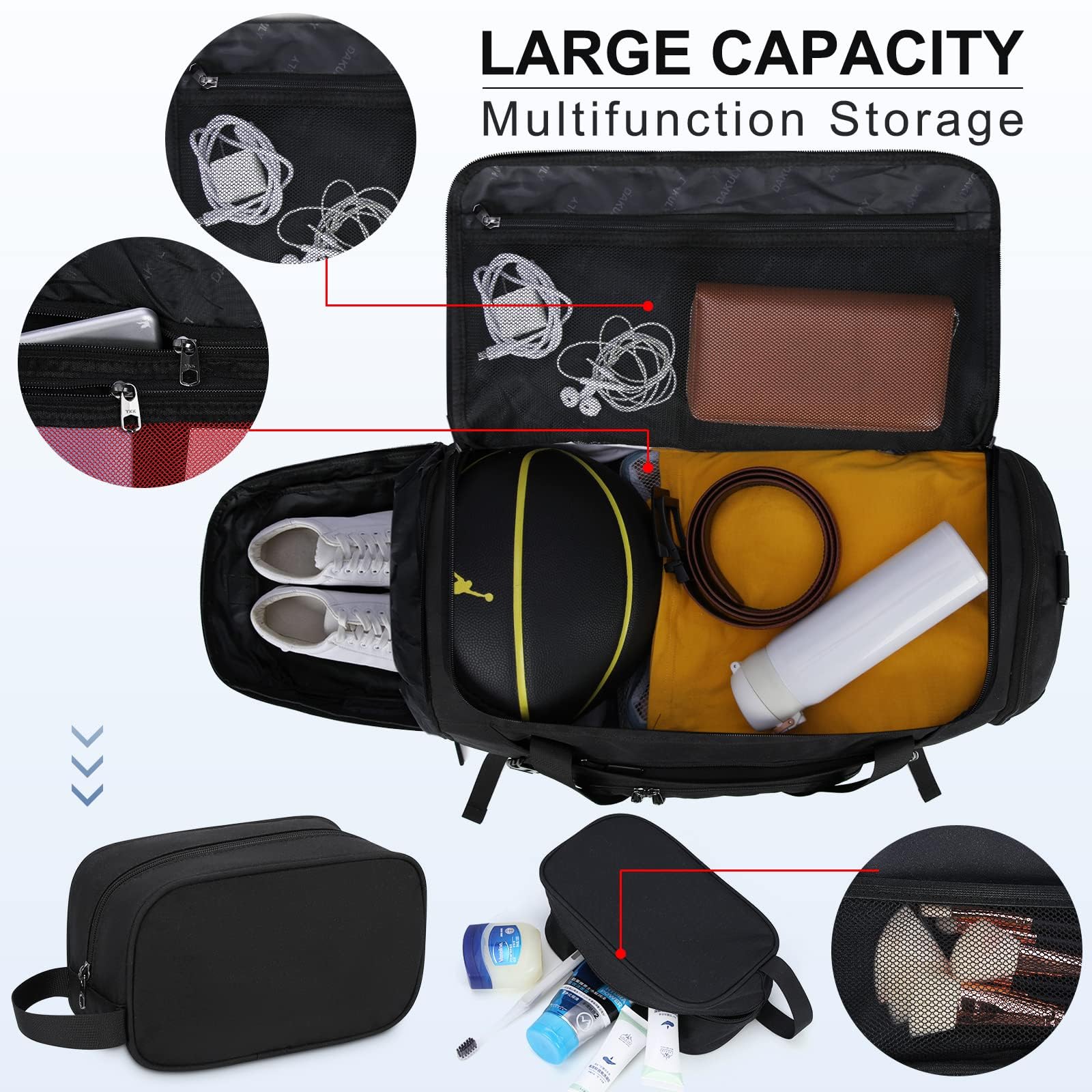 Gym Duffle Bag for Women Men 40L Waterproof Sports Travel Duffel Bags with Shoe Compartment,Wet Pocket Large Weekender Overnight with Toiletry Bag,Black