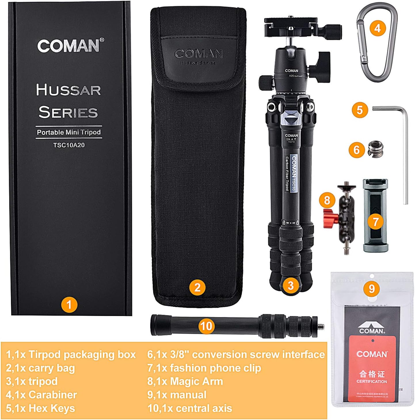 Carbon Fiber Tripod, COMAN Ultra Compact Lightweight Camera Tripod with 360° Panorama Ball Head for Cellphone, Camera and Gopro, Ideal for Vlog, YouTube or Travel, Phone Clip and Magic arm Included: Camera & Photo