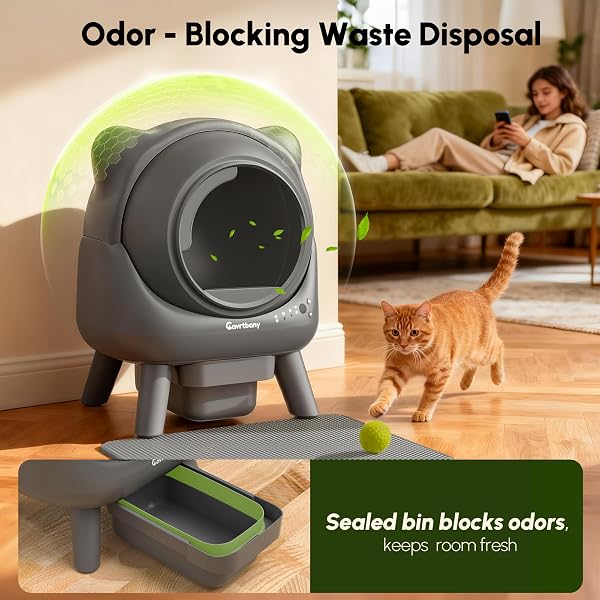 CAVRTBANY AUTOMATIC LITTER BOX, SELF CLEANING LITTER BOX, CAT ROBOT FOR MULTIPLE CATS, WITH SMART APP CONTROL AND HEALTH MONITORING, SAFETY SENSORS, WITH TRASH BAGS, GREY
