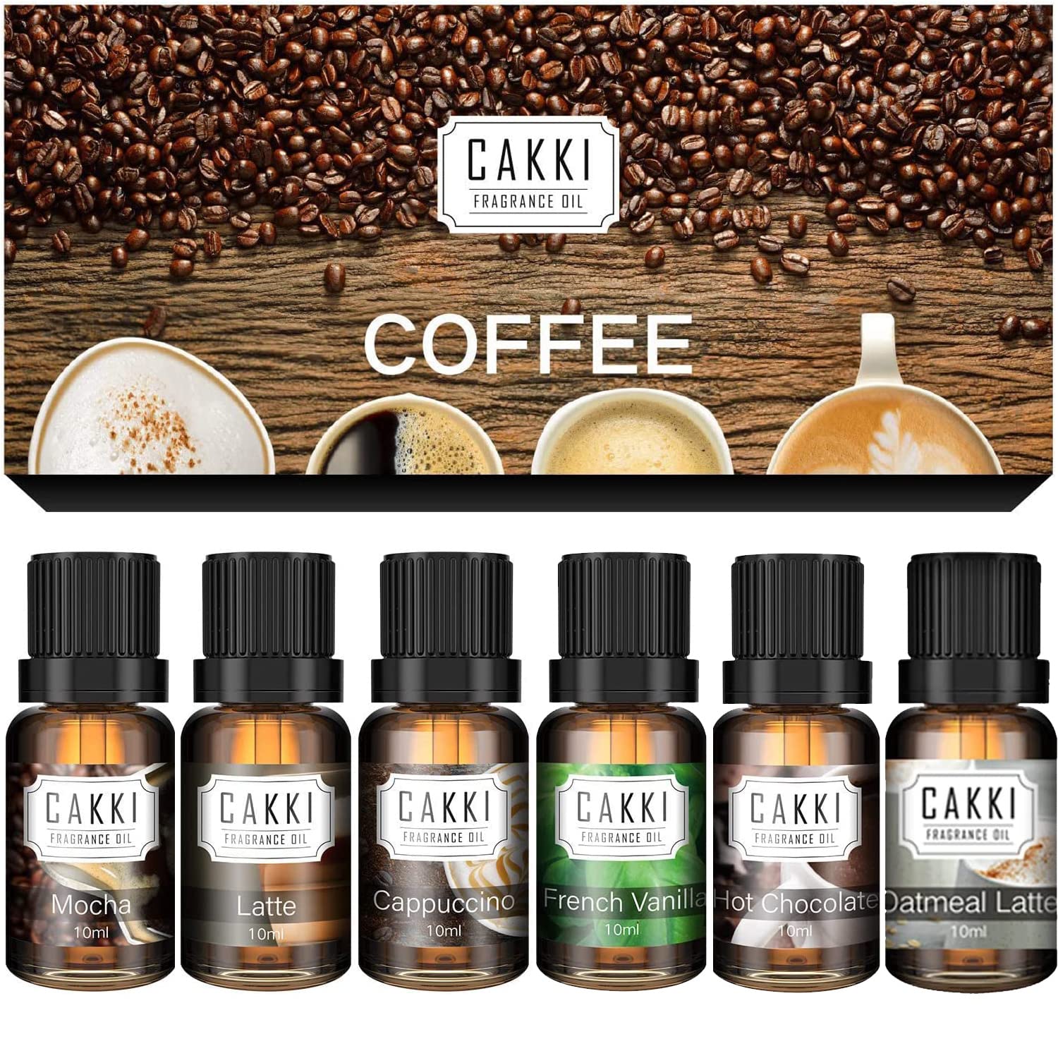 Coffee Essential Oils Set for Diffuser, 6 x10ml, Cakki Fragrance Oils Gift Set with Mocha, Latte, Cappuccino, Hot Chocolate, Vanilla, Oatmeal Latte. for Candle Making