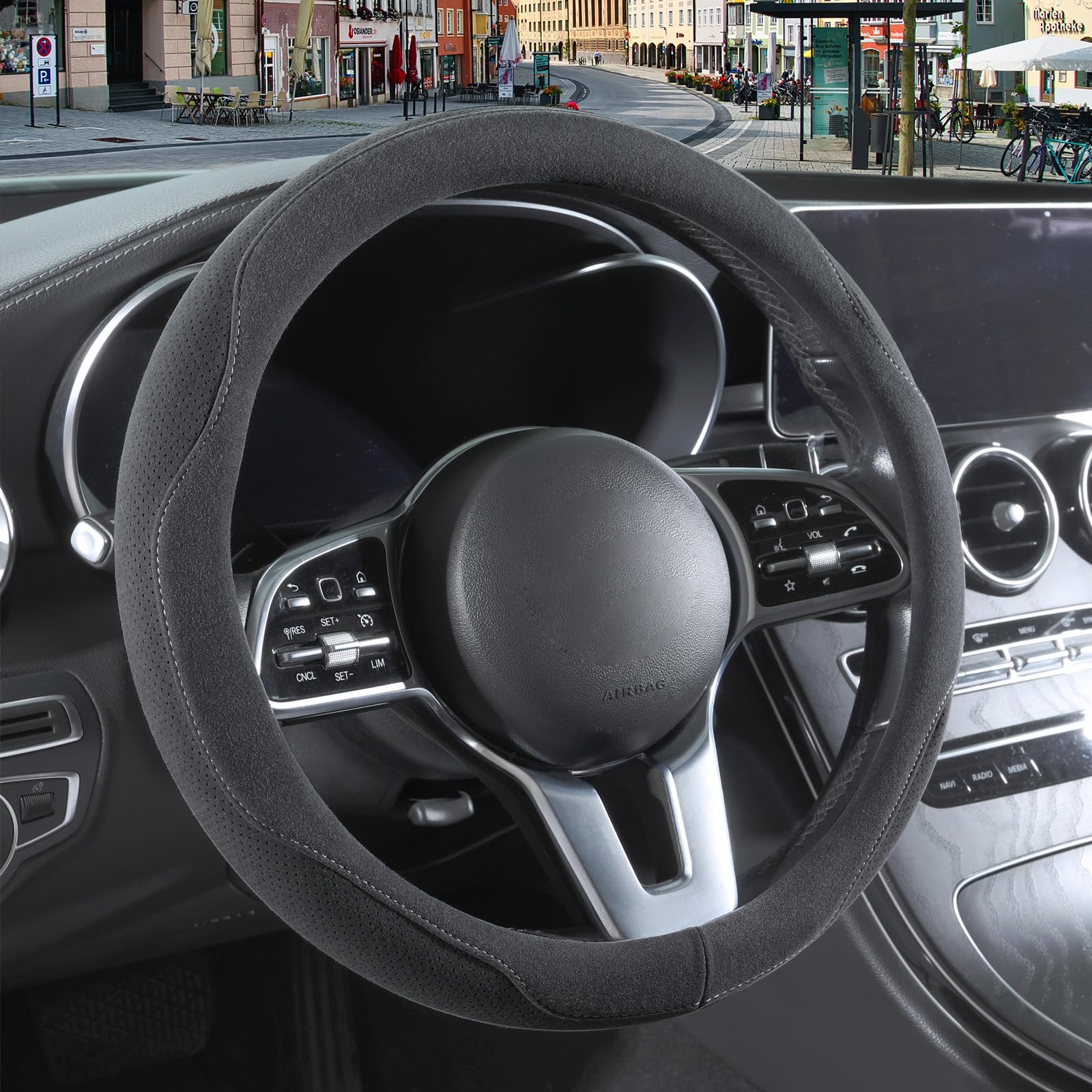 Photo 1 of Binsheo 14 inch Gray Suede Steering Wheel Cover, Breathable Non-Slip Sweat-Proof Wear-Resistant No Pilling, Warm in Winter and Cool in Summer