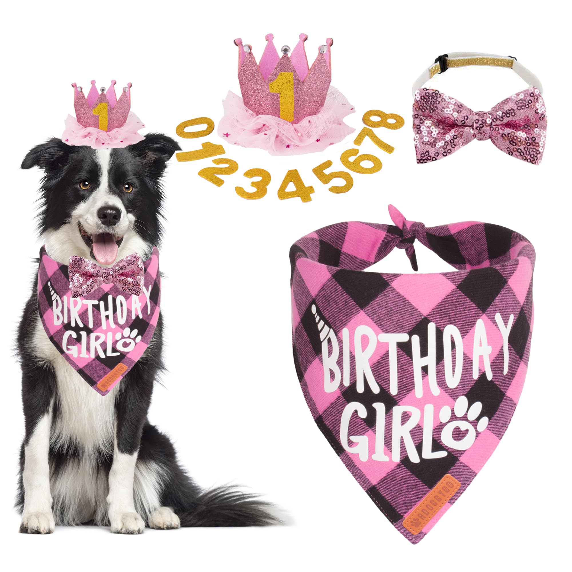 Photo 1 of ADOGGYGO Dog Birthday Party Supplies, Multi Size Offered, Birthday Girl Dog Bandana, Pink Party Hat Crown with Numbers for Medium Large Dogs Pets (Large)