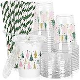 JarThenaAMCS 50Pcs Christmas Plastic Cups with Lids and Straws Boho Xmas Tree Clear Plastic Cups 12oz Disposable Cups for Christmas Party Supplies