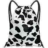 BHAHB Drawstring Backpack Draw String Bag Sports Gym Bags Waterproof Cute Aesthetic Sackpack for Unisex Women Sports Beach Travel(13"×17")-Black Cow