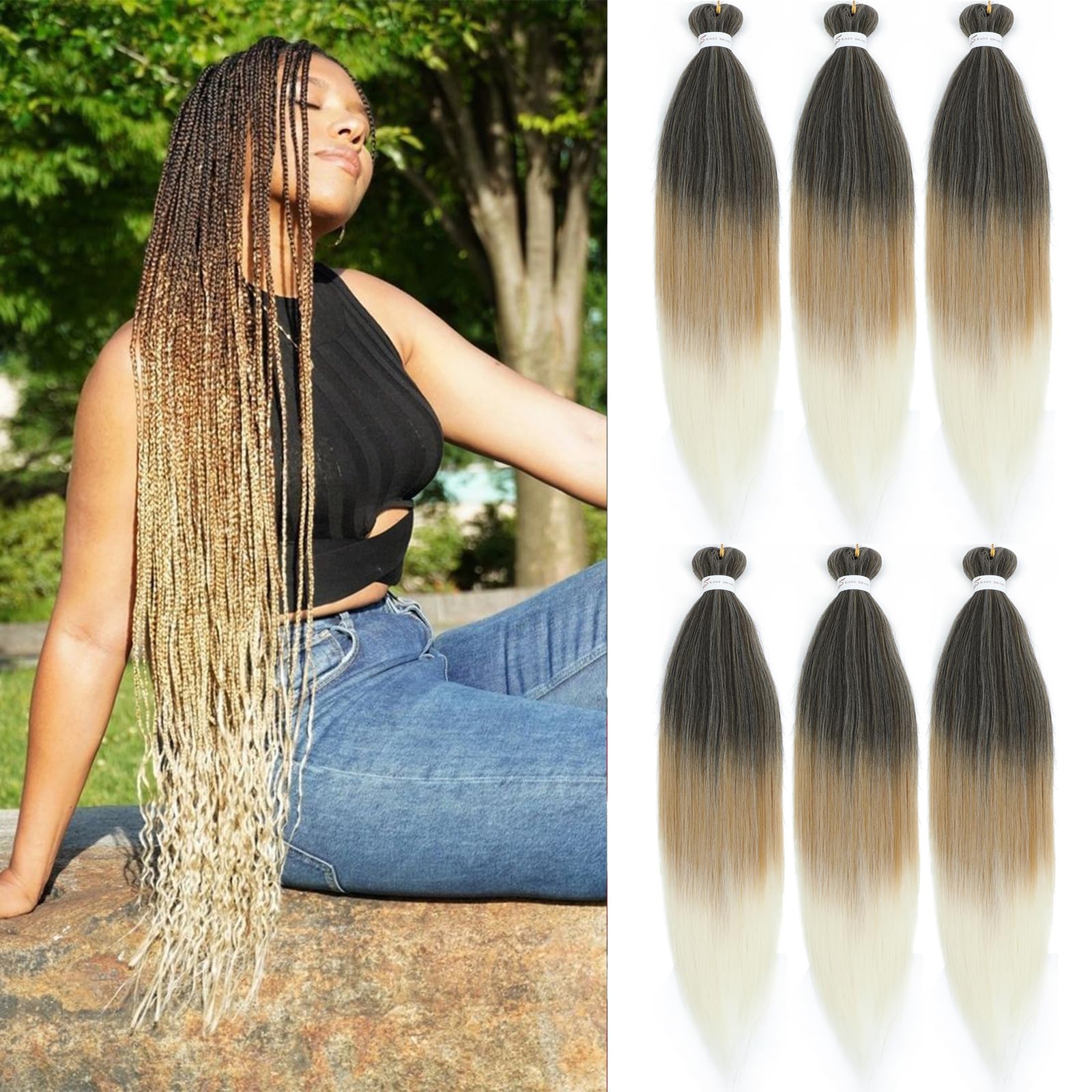 EZ Braid 26 Inch Pre Stretched Braiding Hair 6 Packs Yaki Texture Braiding Hair for Crochet Hair Braids Kanekalon Synthetic Fiber Hot Water Setting Crochet Braiding Hair Extensions（1B/27/613#)