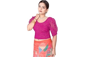 SEEANS Women’s Readymade Saree Blouse - Stretchable Polyester, Gold Glitter Design, Puff Sleeves for Weddings & Events