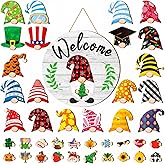 Riceshoot 41 Pcs Interchangeable Gnome Welcome Sign Christmas Door Decorations Seasonal Gnome Front Porch Door Decor 40 Changeable Icons Wooden Hanger with Magnet Holiday Wreath Housewarming Home Gift