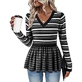 Furnex Women's Pullover Sweaters 2025 V Neck Casual Long Sleeve Fashion Peplum Tops