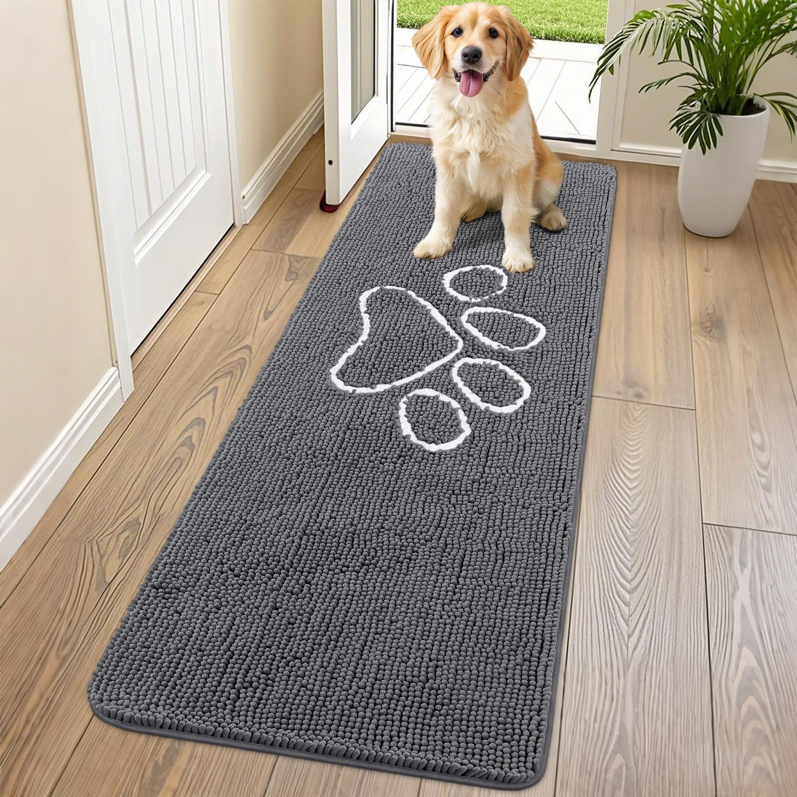Smiry Dog Door Mat for Muddy Paws, Absorbent Dirt Trapper Non Slip Quick Dry Washable Chenille Mat for Mud Dogs, Entry Rug for Indoor and Outdoor (70x24 Inches, Dark Grey and White) Image