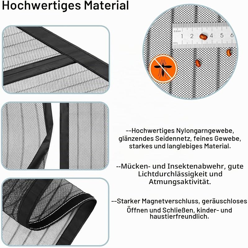 Fliegengitter Tür Magnet Insektenschutz, Verschiedene Größen, 90 x 210cm, Magnetvorhang ist Ideal für Balkontür Wohnzimmer und Terrassentür, Kinderleichte Klebemontage Ohne Bohren, Reines Grau