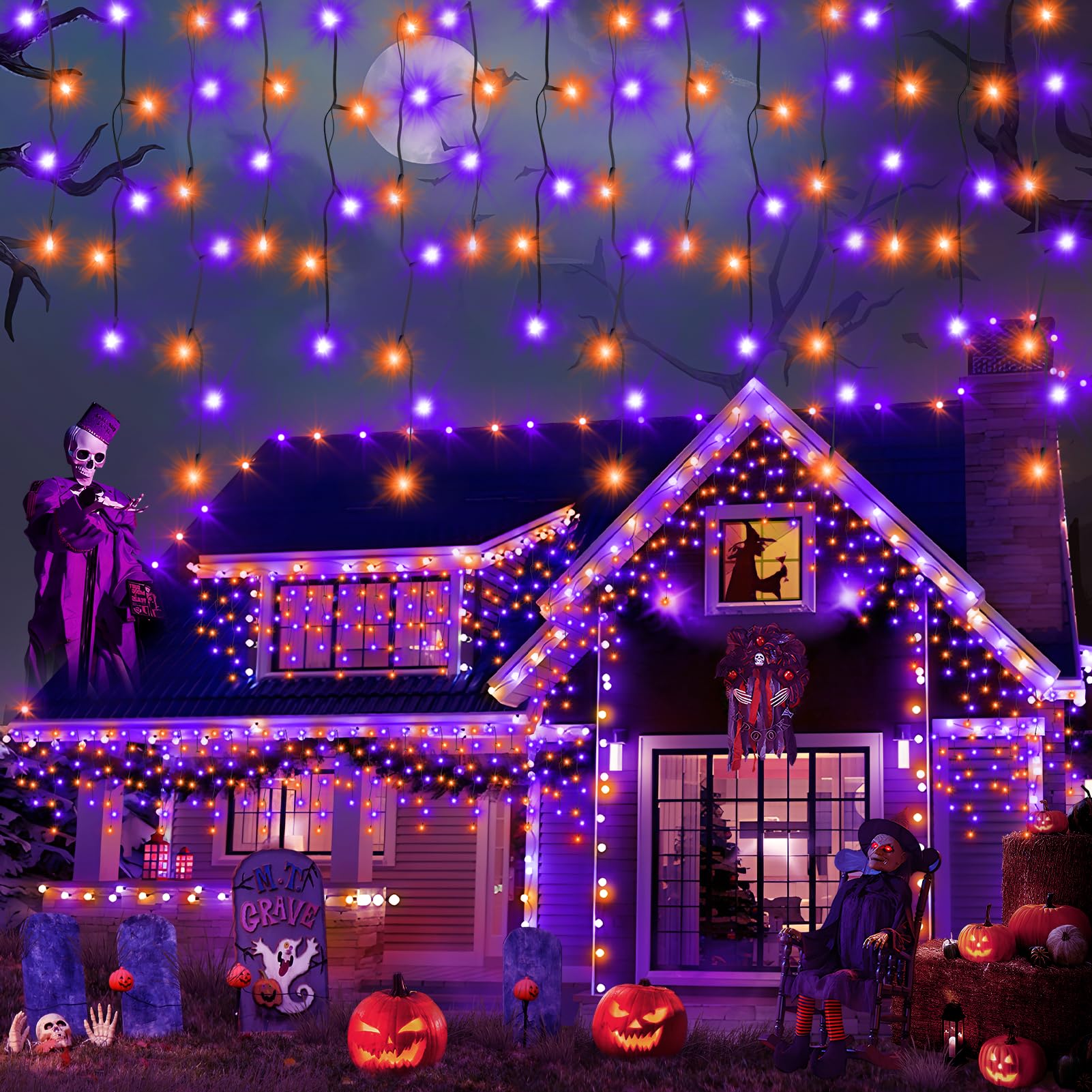 Photo 1 of Heceltt Halloween Lights Outdoor, Orange and Purple 39FT 480LED Halloween String Lights with 90 Drops, 8 Modes Timer Memory Function, Night Light for House Roof Party Decor