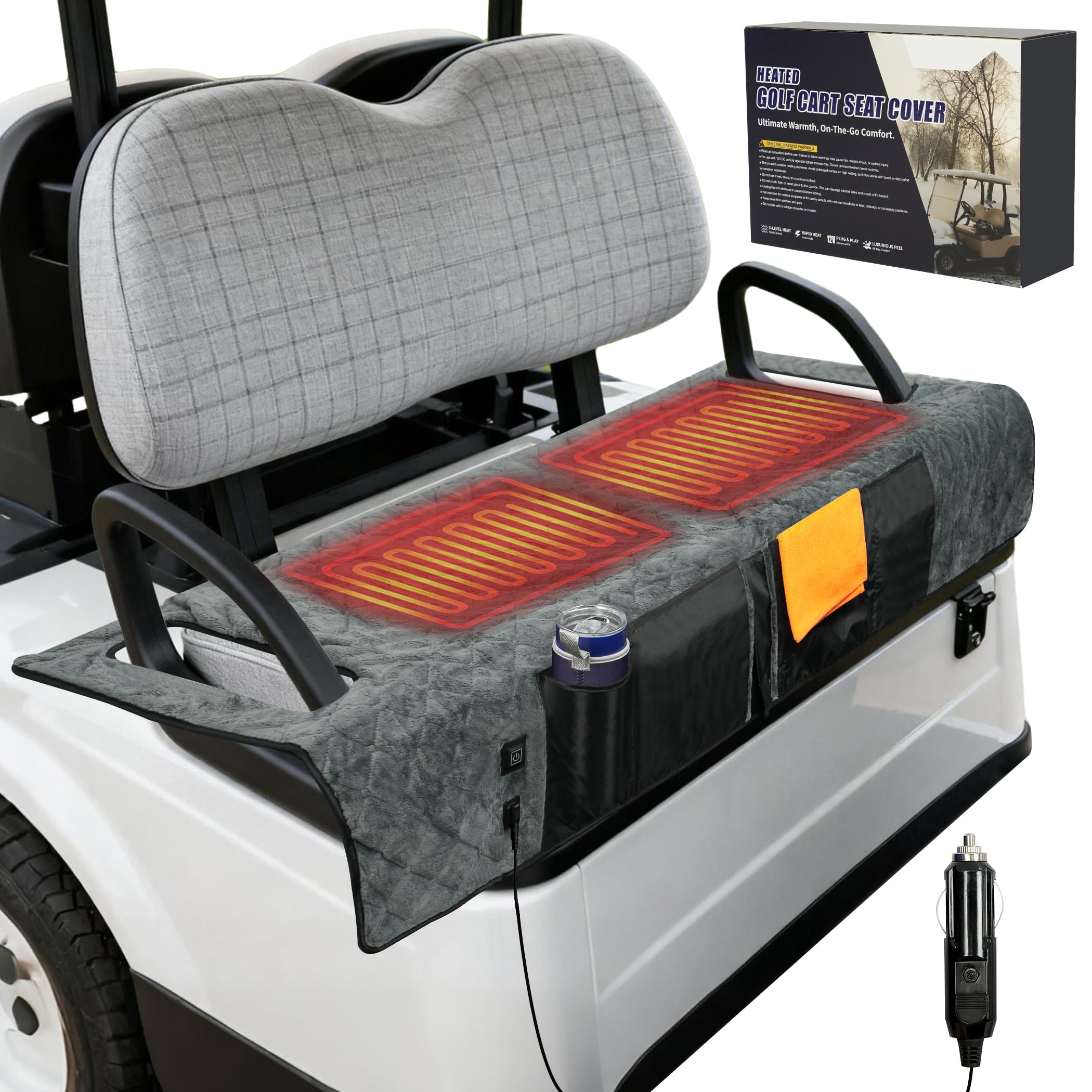 Photo 1 of PUTTLAZR Golf Cart Seat Cover with 12V Car Plug, 50" × 31", Non-Slip Winter Golf Cart Seat Towel Blanket with 2 Front Pockets, Fits for EZGO, Yamaha, Club Car and More 2 Person Seats Golf Carts